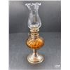 Image 1 : Vintage Miniature Oil Lamp, Amber Glass.  10” Tall