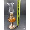 Image 2 : Vintage Miniature Oil Lamp, Amber Glass.  10” Tall