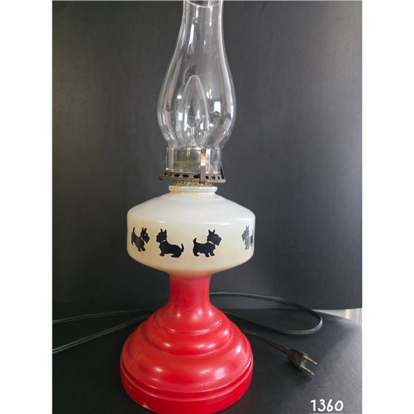 Vintage Glass Oil Lamp (Converted to Electric). Red Base w/ Scottie Dogs.