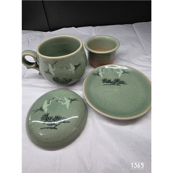 Vintage Korean Celadon (4) Piece Lidded Teacup & Saucer.  Crane Design, Blue Crackle Glaze.