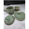 Image 1 : Vintage Korean Celadon (4) Piece Lidded Teacup & Saucer.  Crane Design, Blue Crackle Glaze.