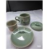 Image 2 : Vintage Korean Celadon (4) Piece Lidded Teacup & Saucer.  Crane Design, Blue Crackle Glaze.