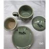 Image 3 : Vintage Korean Celadon (4) Piece Lidded Teacup & Saucer.  Crane Design, Blue Crackle Glaze.