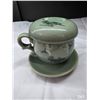 Image 4 : Vintage Korean Celadon (4) Piece Lidded Teacup & Saucer.  Crane Design, Blue Crackle Glaze.