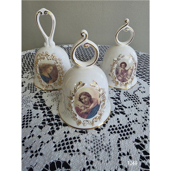 Vintage Roman Maruri Fine Bone China Bells feat. Religious Depictions.  White Porcelain, Gold Trim.