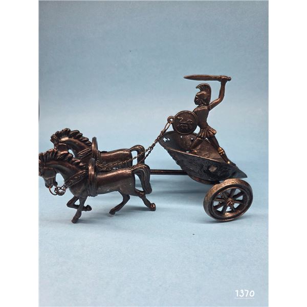 Vintage Cast Metal Bronze Finished Warrior in a two-horse Chariot