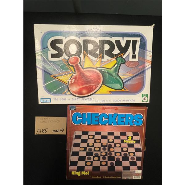 2 board games - Sorry; Checkers ( wooden )