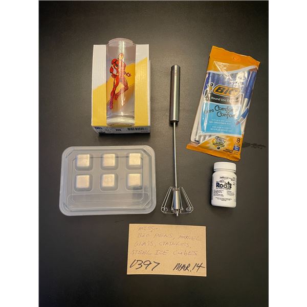 Misc - Bic pens; Marvel glass; Stainless steel ice cubes; Frother