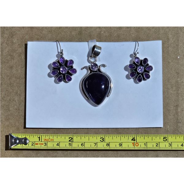 Sterling Silver Amethyst Pendant and earrings    .925 silver