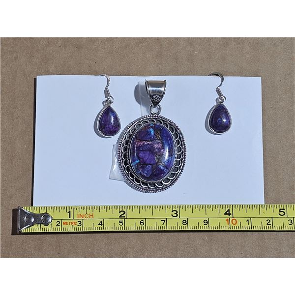 Sterling Silver Pendant and earrings with purple stone  .925 silver