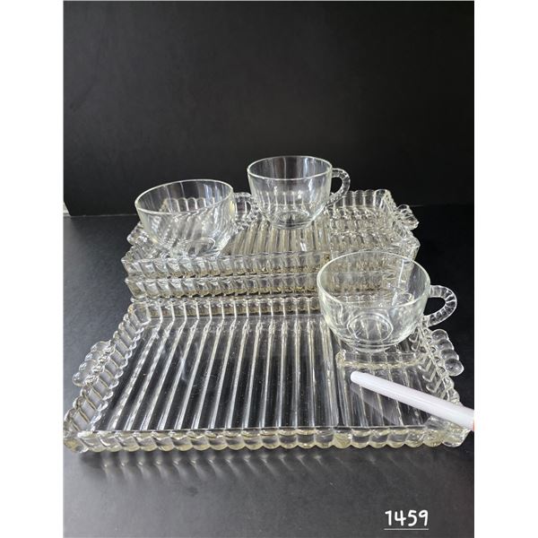 Vintage Smoke, Sip, & Snack Set.  Hazel Atlas Rectangular Ribbed Glass Trays w/ Compartments for Foo