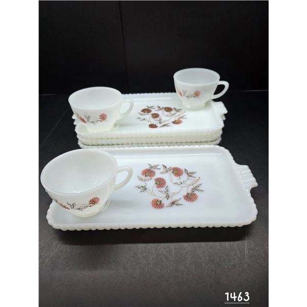 Milk Glass Snack Set. (4) Plates, (3) Cups