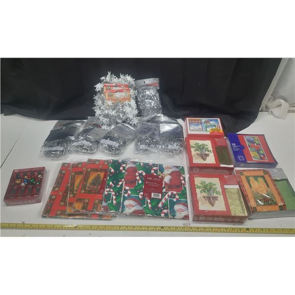 Lot of Christmas Gift Wrap Paper, Holiday Cards and Christmas Decorative Items.