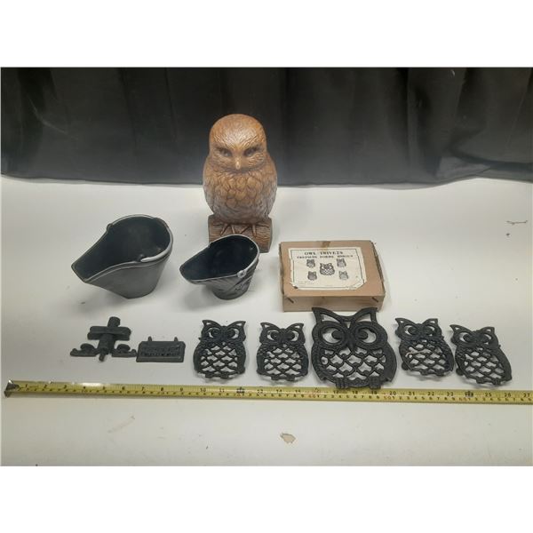 Vintage Owl-Shaped Cast Iron Trivets and Other Items.