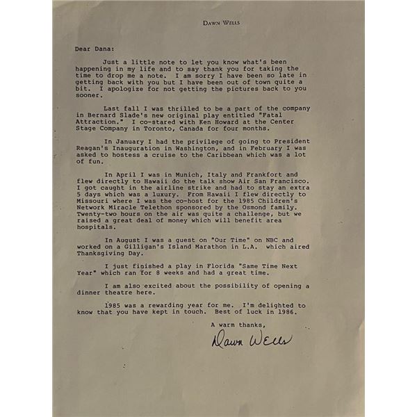 Gilligans Island Dawn Wells Signed Letter