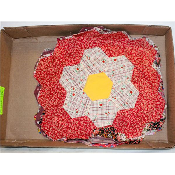 12 QUILT BLOCKS 13"X13', 19 HEXAGON SHAPES PER
