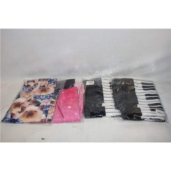 4 NEW WOMENS LARGE LEGGINGS, CATS & PIANO KEYS