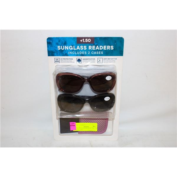 NEW SUNGLASS READERS 2 PK +1.50 WITH CASES