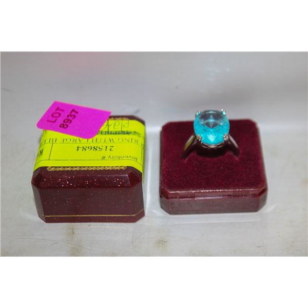 LARGE BLUE STONE COSTUME JEWELRY RING SIL.PLATED