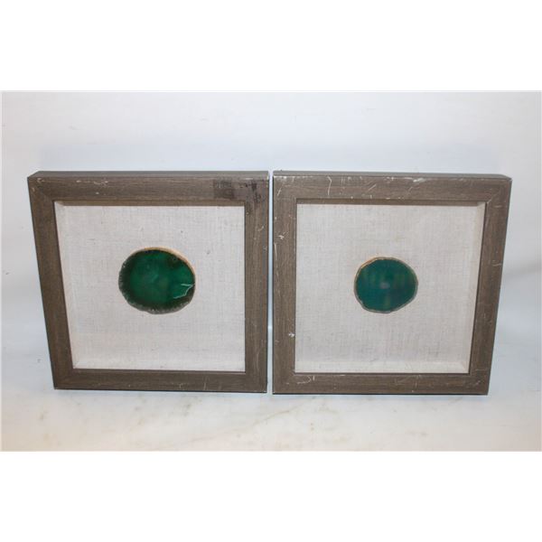 2 GREEN AGATE SLICE SHADOW BOXES ART WALL