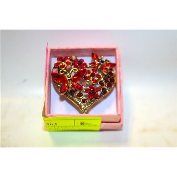 NEW RED HEART BUTTERFLY RHINESTONE BROOCH