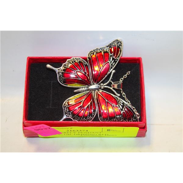 NEW BUTTERFLY PENDANT NECKLACE, OIL DRIPPING RED
