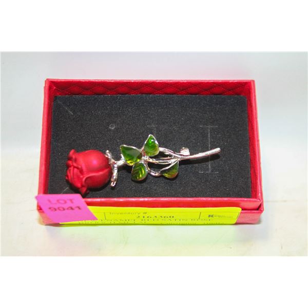 NEW ENAMEL RED SATIN ROSE BROOCH METAL