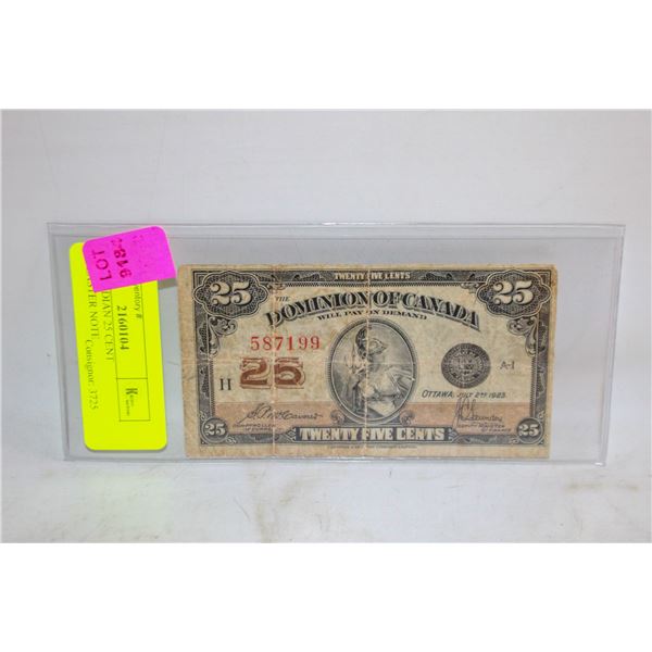 1923 CANADIAN 25 CENT SHINPLASTER NOTE