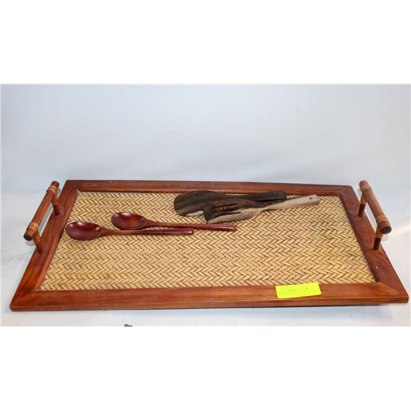 WOODEN SERVING TRAY WITH SERVING UTENSILS