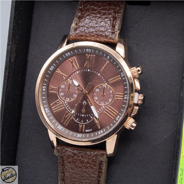 MEN'S WATCH WITH BROWN LEATHER STRAP &