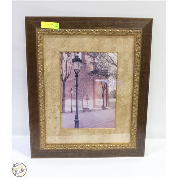 WOOD FRAMED STREET SCAPE PICTURE (26" X 21.5")