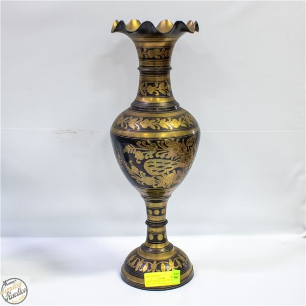 LARGE VINTAGE SOLID BRASS FOOTED ETCHED VASE
