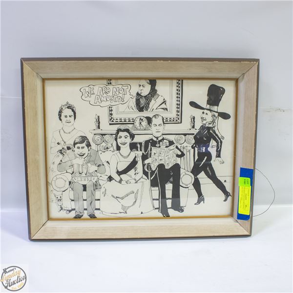 VTG FRAMED CARTOON DRAWING "WE ARE NOT AMUSED"