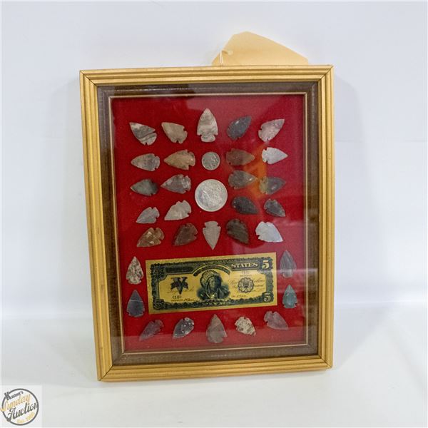 FRAMED DISPLAY OF ARROWHEADS WITH