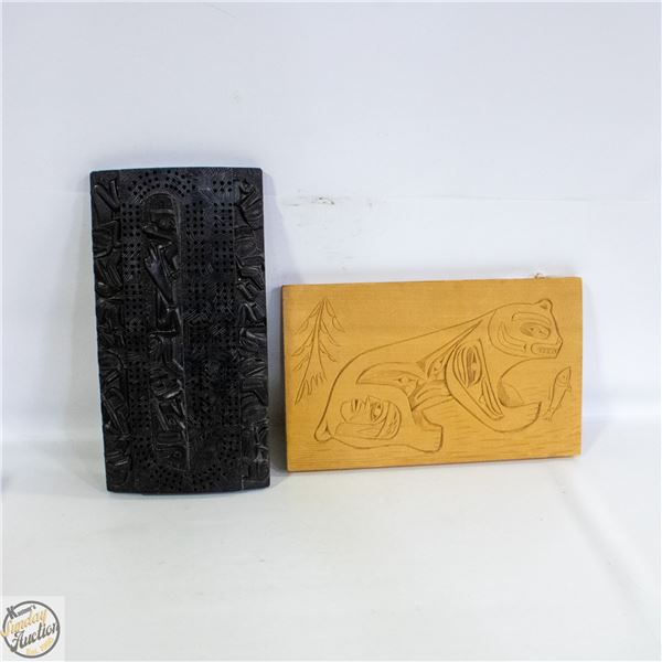 2 HAIDA STYLE ITEMS BLACK CRIBBAGE BOARD &