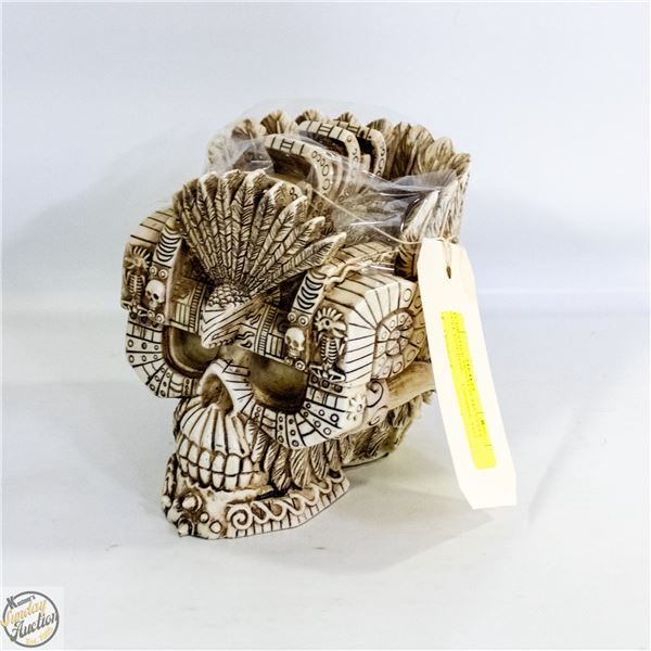 DECORATIVE MONTEZUMA STYLE SKULL FIGURINE