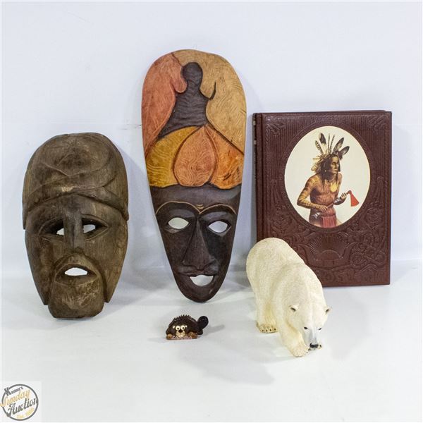 FLAT WITH 2 WOODEN MASK DECORS, POLAR BEAR &