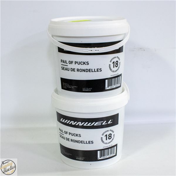 2 WINWELL BUCKETS OF PUCKS 16 PUCKS IN EACH PAIL
