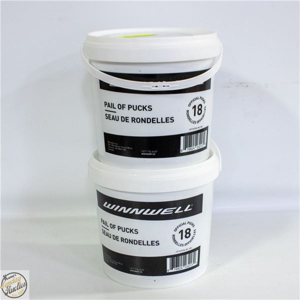 2 WINWELL BUCKETS OF PUCKS 16 PUCKS IN EACH PAIL
