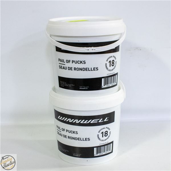 2 WINWELL BUCKETS OF PUCKS 16 PUCKS IN EACH PAIL