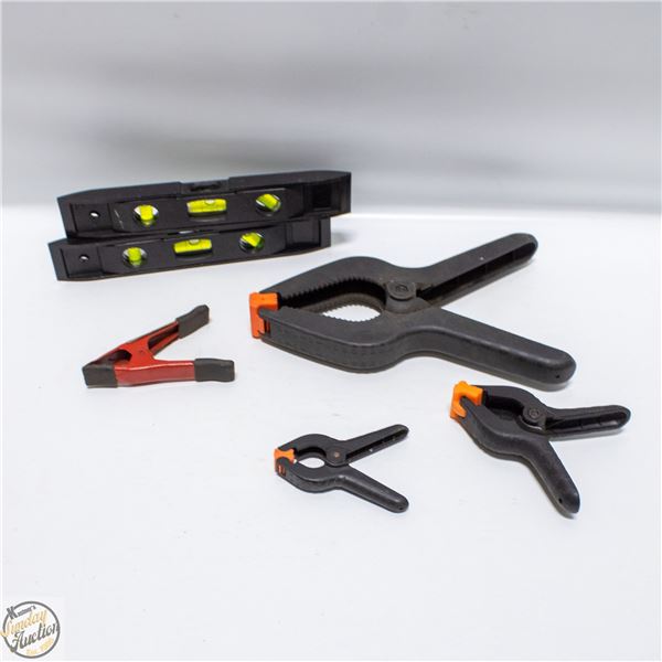 LOT OF CLAMPS AND LEVELS