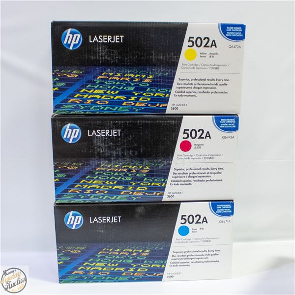 3 HP LASERJET 502A TONER CARTRIDGES