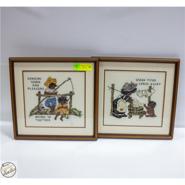 2 VINTAGE FRAMED KIDS CROSSTICH ART