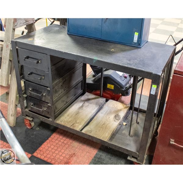 LARGE BLACK METAL GARAGE TABLE ON WHEEL