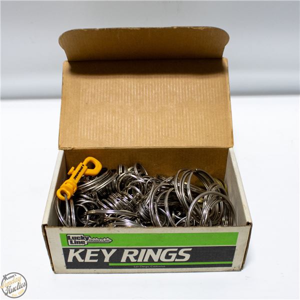 LOT OF VARIOUS SIZE KEY RINGS IN BOX