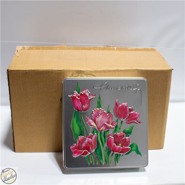 CASE OF COOKIE TINS WITH FLOWERS ON THEM