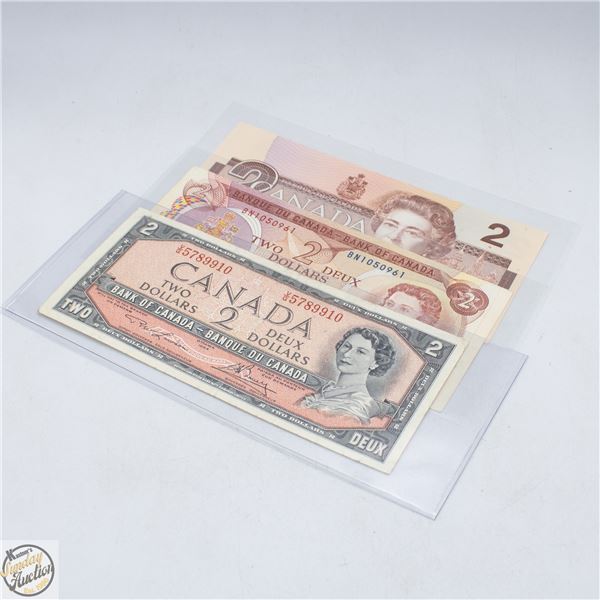 LOT OF 3-1954,1973 AND 1986 TWO DOLLAR NOTES