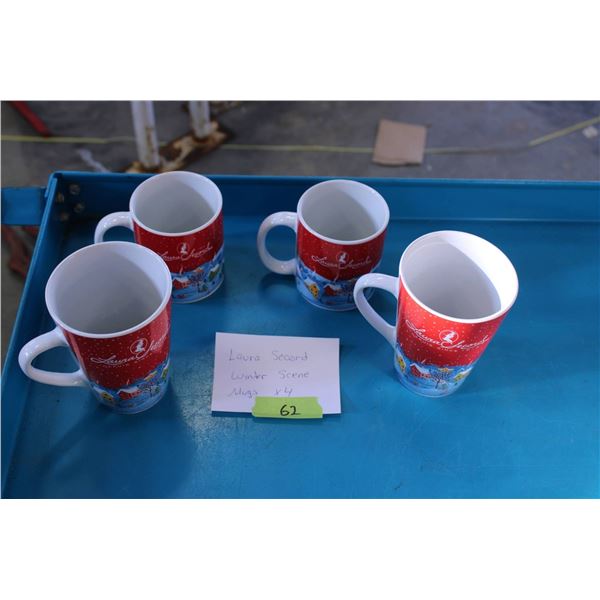 Four ceramic Coca-Cola branded mugs by Brands Unlimited. Each mug features a red and blue design wit