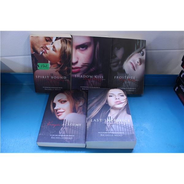 Five books from the Vampire Academy series by Richelle Mead, including 'Spirit Bound,' 'Shadow Kiss,