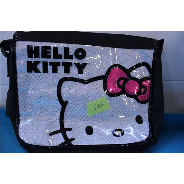 Hello Kitty-themed messenger bag featuring a glittery finish